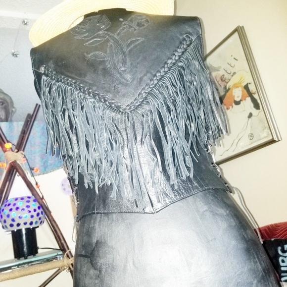 Vintage Black Leather Tassle Biker Vest - Picture 2 of 8